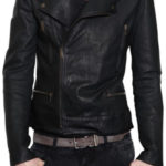 Men's fashion black biker leather jacket with silver zipper and button details.