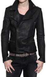 Men's fashion black biker leather jacket with silver zipper and button details.