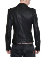 Stylish black leather biker jacket for men featuring classic moto design.