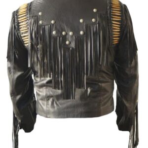 back view of black motorcycle leather jacket with Western yoke and sleek fit