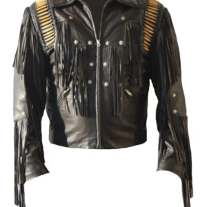 Black leather motorcycle jacket with Western-style fringe and fashion-forward details