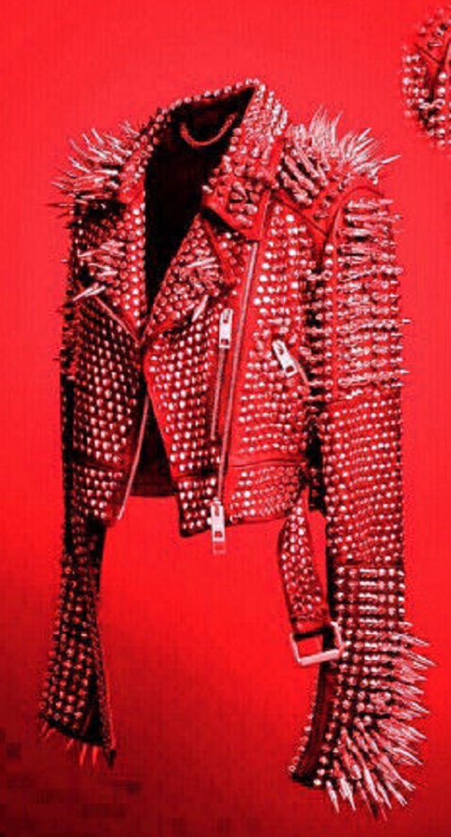 mens-full-red-punk-silver-long-spiked-studded-leather-brando-jacket Men's Full Red Punk Silver Long Spiked Studded Leather Brando Jacket - Image 1