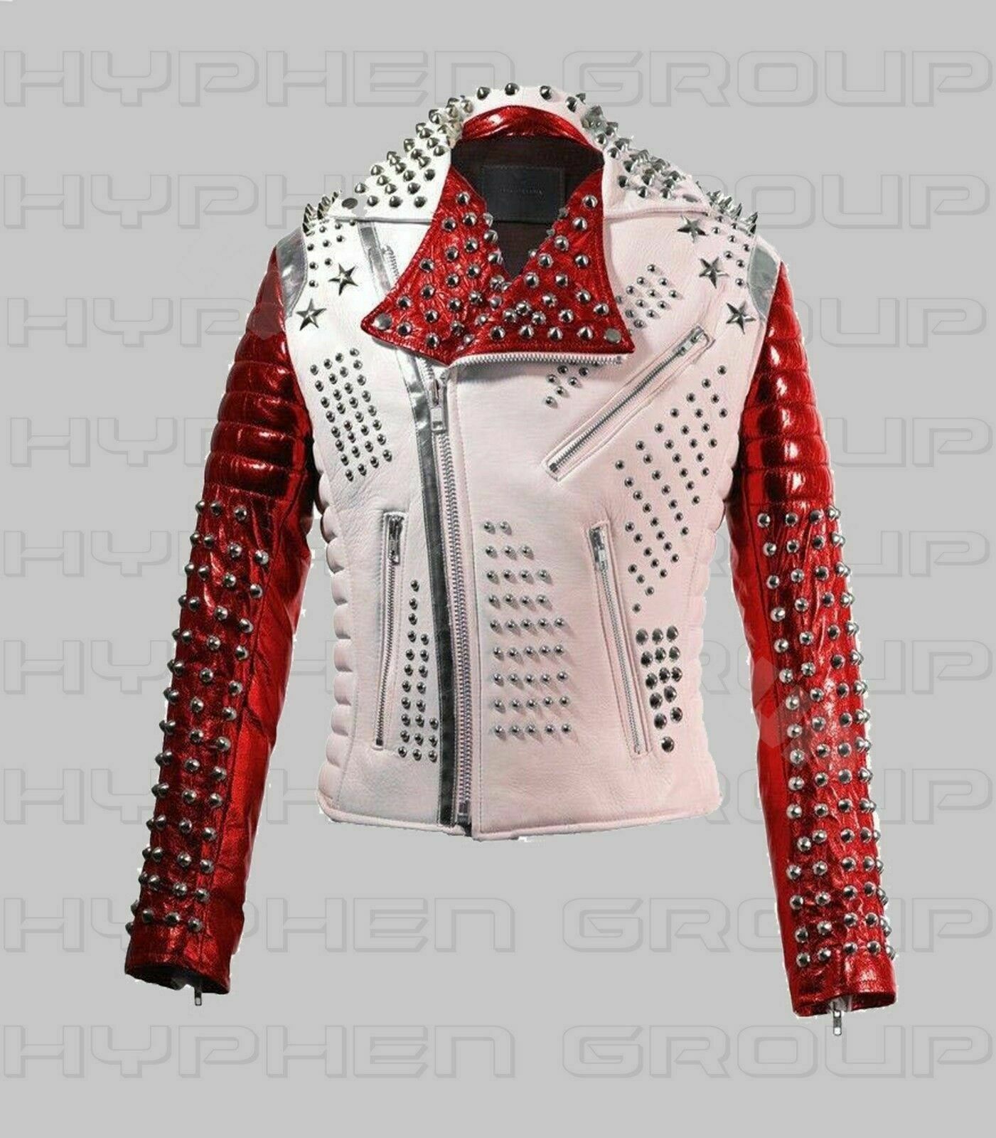 mens-red-white-full-silver-studded-style-punk-leather-jacket Men's Red White Full Silver Studded Style Punk Leather Jacket - Image 1