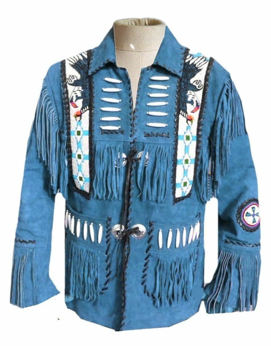 mens-suede-leather-western-cowboy-fringe-bones-beads-coat-jackets Men's Suede Leather Western Cowboy Fringe Bones Beads Jacket - Image 1