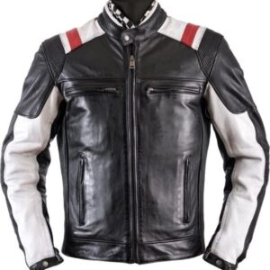 Side profile of man in black Brando leather jacket with dual-tone panels and silver hardware