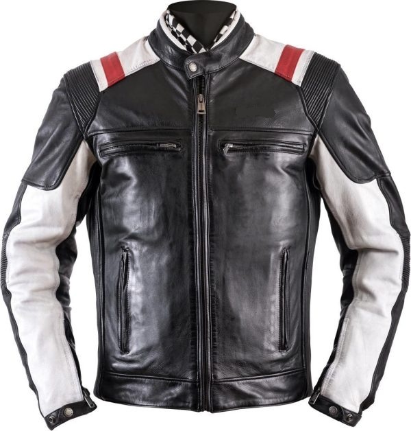 Side profile of man in black Brando leather jacket with dual-tone panels and silver hardware Side profile of man in black Brando leather jacket with dual-tone panels and silver hardware