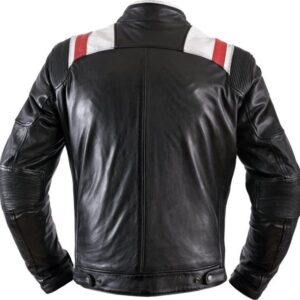 Back view of men’s two-tone motorcycle jacket in Brando style with classic tailoring