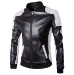 Black and white stand collar faux leather moto jacket for men with zipper closure.