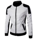 Men's white and black contrast faux leather moto jacket with stand collar and zipper.