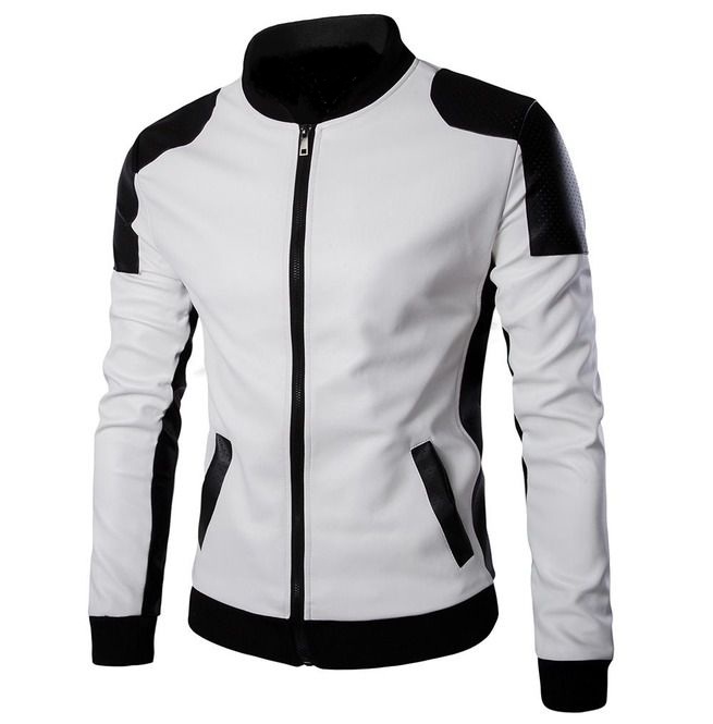 Men's white and black contrast faux leather moto jacket with stand collar and zipper. Men's white and black contrast faux leather moto jacket with stand collar and zipper.