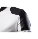 Contemporary men's white and black contrast faux leather biker jacket with front zipper.