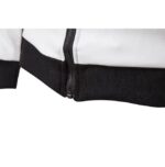 Trendy men's faux leather moto jacket with white and black color block and stand collar.