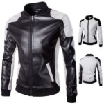 Modern men's white and black faux leather biker jacket featuring contrast design.