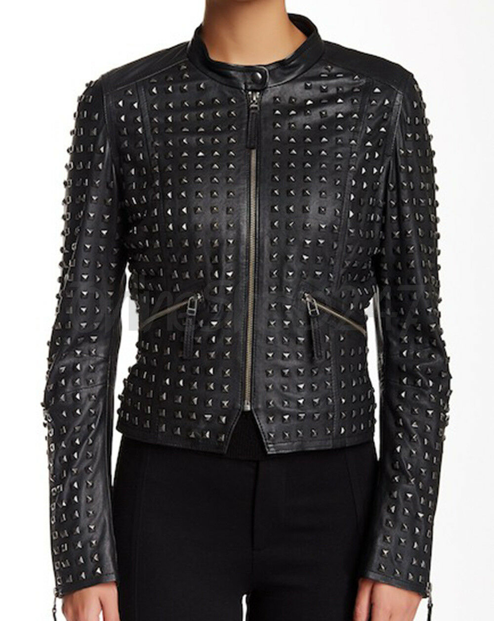 new-women-philip-plein-full-black-tonal-metal-studded-unique-zip-leather-jacket (1) Philip Plein Full Black Metal Unique Studded Leather Jacket - Image 1