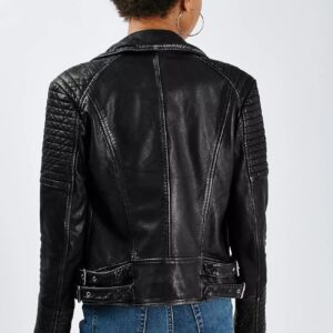 Back view of quilted leather biker jacket with padded shoulders and zip-up