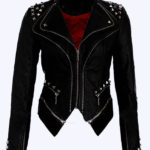 Woman Black Silver Studded Punk Cowhide Leather Jacket