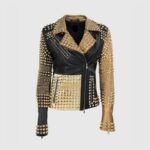 Close-up of gold studs on cowhide leather jacket designed for women with biker cut