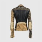 Stylish back view of women’s golden studded black biker jacket made from durable cowhide