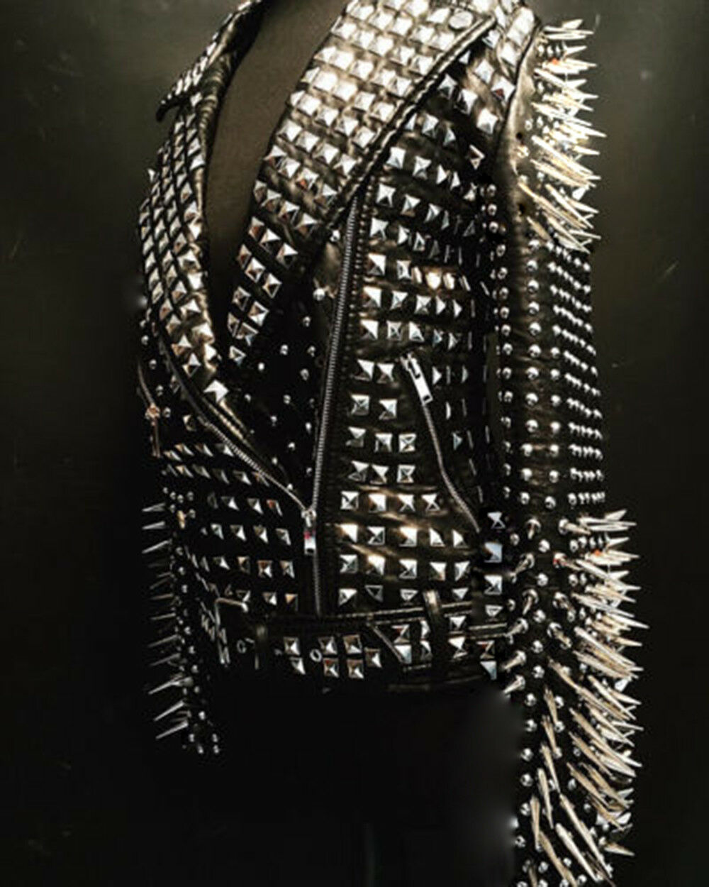 womans-full-black-punk-silver-long-spiked-studded-leather-jacket Woman's Full Black Punk Silver Long Spiked Studded Leather Jacket - Image 1