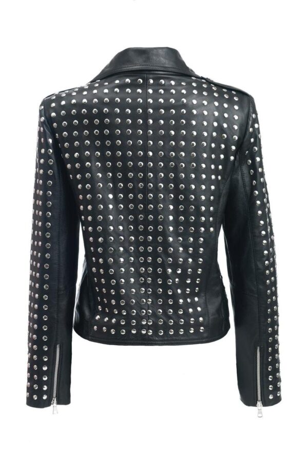 Women Black Silver Studded Leather Jacket - Image 2