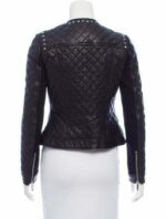 Women Quilted Spiked Silver Studded Leather Zipper Jacket - Image 2