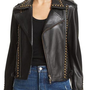 Women’s steampunk-inspired biker leather jacket with studded detailing and edgy design.