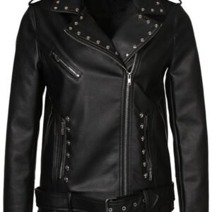 Close-up of silver studs on women’s biker leather jacket with premium magnificent design