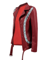 Detailed close-up of smooth red leather texture on women’s Brando biker jacket