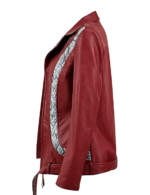 Side profile of women’s red leather motorcycle jacket in bold Brando cut