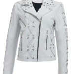 Women's White Color Studded Zipper Leather Jacket