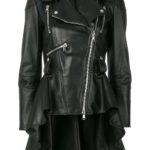Feminine black leather moto jacket with peplum detailing, perfect for combining elegance and edge.