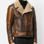 Brown shearling biker flying leather jacket with plush collar and rugged design for a classic aviator look.