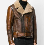 Brown shearling biker flying leather jacket with plush collar and rugged design for a classic aviator look.