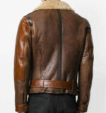 Men’s brown leather flying jacket featuring shearling lining and biker-style hardware for warmth and style.