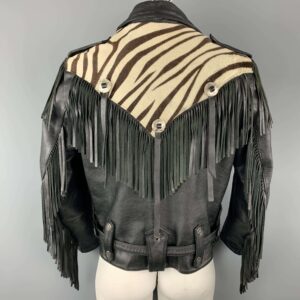 Men's Black Leather Cream Zebra Panel Fringe Biker Jacket
