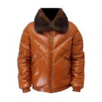 Men's Bomber Lambskin Leather Jacket with Fox Fur Collar