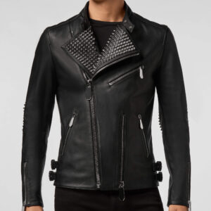 Men's Studded Cowboy Leather Biker Jacket