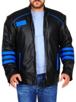 Men’s black and blue leather biker jacket with asymmetrical zipper and bold color-block design.