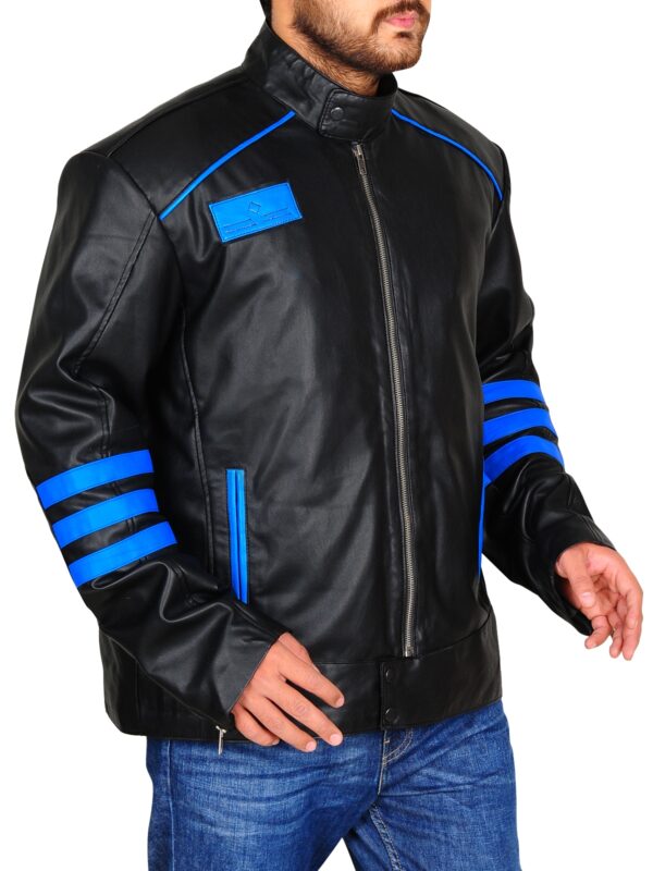 Black and blue leather motorcycle jacket featuring classic biker details and contrast paneling.