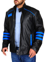 Stylish black and blue leather biker jacket for men with zippered pockets and a rugged silhouette.