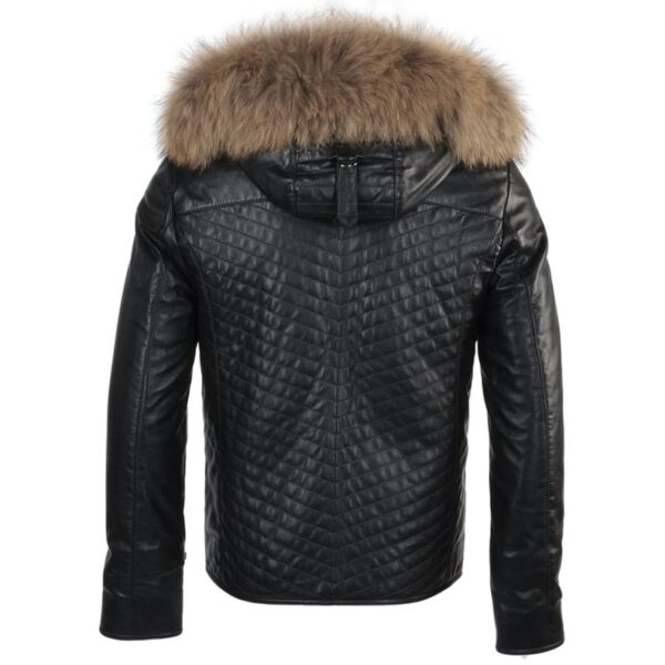 Black Bomber Fur Hooded Biker Genuine Sheepskin Leather Jacket For Men - Image 2