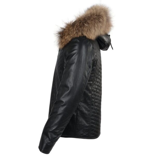 Black Bomber Fur Hooded Biker Genuine Sheepskin Leather Jacket For Men - Image 3