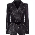 Sleek black leather jacket with silver zippers and buckled waist belt for bold, edgy style.
