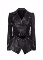 Sleek black leather jacket with silver zippers and buckled waist belt for bold, edgy style.