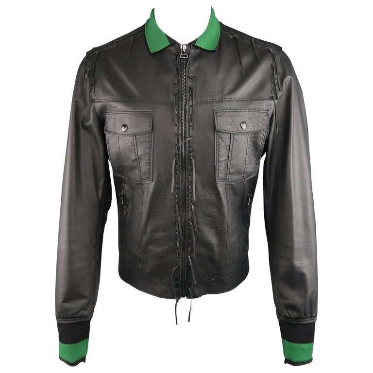 black-leather-fringe-trim-green-collar-bomber-coat Black Leather Fringe Trim Green Collar Bomber Coat - Image 1