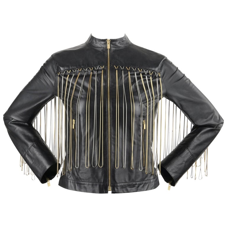 Black Leather Silver & Gold Metal Chain Fringe Moto Collar Jacket - Maker  of Jacket