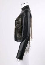 Statement black leather jacket with standing collar, gold chain accents, and a bold biker-inspired design.