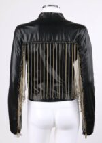 Edgy black leather jacket with front zip closure and gold chain fringe detailing, displayed on a mannequin.