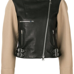 Women's leather biker jacket with contrast sleeves and silver zippers, offering bold streetwear style.