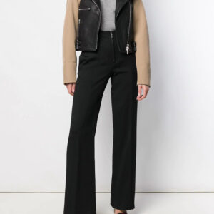 Fashionable women’s biker jacket with leather body and contrast sleeves for a modern urban look.